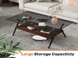Rectangle Coffee Table with Tempered Glass top and Brown MDF Shelf, Modern Table for Living Room, W241142564