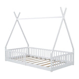 Twin Size Wood House Bed with Fence, White N709P183348K