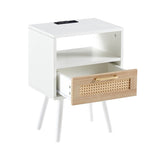 15.75" Rattan End table with Power Outlet & USB Ports , Modern nightstand with drawer and solid wood W126573114