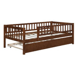 ZNTS Twin Size Wood Daybed with Trundle and Fence Guardrails, Walnut WF301862AAL