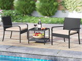 3-Piece Patio PE Wicker Bistro Set, Tempered Glass 2-Tier Side Table Outdoor Chair Set-Beige 88295874