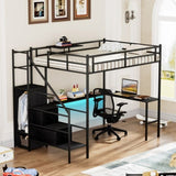 Full Metal Loft Bed with L-shaped Desk, LED Lights, Charging Cradle, LED Loft Bed Frame, Full 88987362