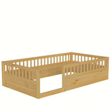 ZNTS Twin Floor Bed Frame with Fence, Wood Kids Floor Beds Frame for Bedroom Playroom,Natural W2593P164749