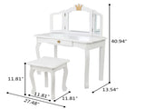 Children's Wooden Dressing Table Three-Sided Folding Mirror Dressing Table Chair Single Drawer White 07586825