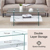 43.3 Inch Modern Two-Tier Coffee Table - An Elegant Combination of Clear Glass and White Marble W2920P226070