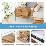 Double-drawer bedside table.The board surface is MDF with wood grain sticker, and both sides are W1512P348780