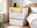 High Gloss White & Oak Two-Tone Nightstand, RGB Light, US Power Outlet, 2 Drawers 37462022