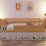 ZNTS Full Floor Bed Frame with Fence, Wood Kids Floor Beds Frame for Bedroom Playroom,Natural W2593P164752