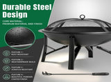 20.2in Round Wood- Pit with Mesh Lid, Fire Poker/Grate, Black 53387512