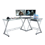 ZNTS L-Shaped Tempered Glass Top Computer Desk with Pull Out Keyboard Panel, Clear 70147724