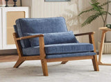 Mid-Century Oak Accent Chair - Deep Navy Blue Chenille Upholstered Single Lounge Chair, Sturdy Wood 69546769