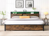 Queen Size Metal Platform Bed Frame with Wooden Headboard and with Footboard USB,Charging Station,2 W311P167043