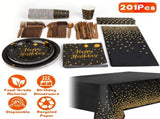 201PCS Black Gold Birthday Party Supplies For 25 Guests Happy Birthday Disposable Dinnerware Set 83891803