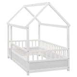 ZNTS Twin Size Floor Wooden Bed with House Roof Frame, Fence Guardrails,White W1858123984