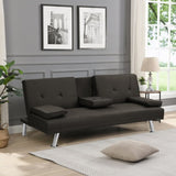 Sofa Bed with Armrest two holders WOOD FRAME, STAINLESS LEG, FUTON BROWN PVC,DARK BROWN W2297P284141