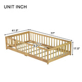 Twin Size Floor Bed with Fence and Door,Rubber Wood Floor Bed with Safety Guardrails,Natural 22789495