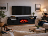 Black Embossed Fireplace TV Stand, 179*35*57.5cm, Particle Board. 4 doors & 2 shelves, barn door 47721966