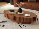 Oval Coffee Table Handcrafted Relief Sturdy Pedestal Wooden Olive-Shaped Tea Table for Living Room W3081P255090