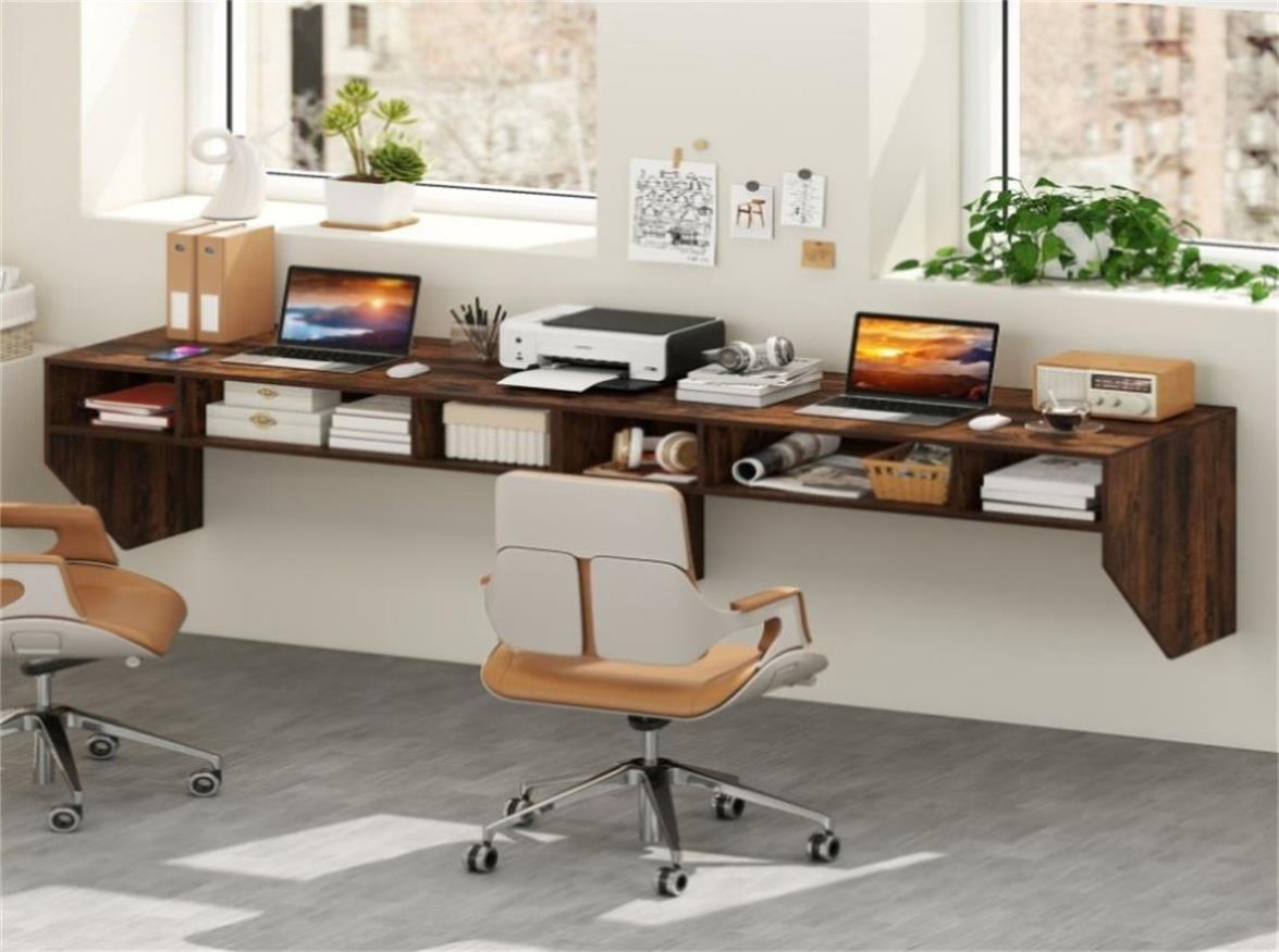 Floating Pc Table Rustic Brown Wall-Mounted Floating Computer Desk with 3-Cube Storage ...