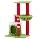 ZNTS 32in Cat Scratching Posts Tower with Cat Condo and Hammock, Christmas Themed Plush Cat Tree with Cat 13527458