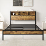 Full Size Bed Frame with Storage Headboard, Metal Platform Bed with Charging Station, Bookcase W840127763