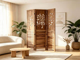 3 Panel Paulownia Wood Folding Room Divider, Tree Leaf Cutout Top & Louvered Lower Panel 43494743