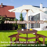 ZNTS Outdoor 6 Person Picnic Table, 6 person Round Picnic Table with 3 Built-in Benches, Umbrella Hole, 21425761