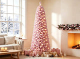 6 FT Pink Flocked PreLit Pencil Christmas Tree, 392 Branch Tips Artificial Fir Tree with 140 Warm 23193054