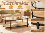 Oval 2-Tier Coffee Table, 37.8" x 19.7" x 18.1", Fluted Glass & PE Rattan 78161674