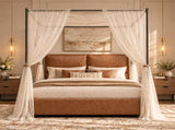 Queen Canopy Bed Frame, Faux Leather Upholstered Bed with Metal Frame, Four Poster Platform Bed, No W636P566621