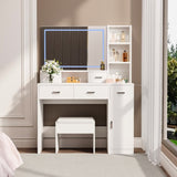 White dressing table with LED 3-color illuminated mirror and power outlet, dressing table with W1320P186696