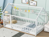 Twin Size House Floor Wooden Bed with Roof Frame,Safety Guardrails,White W504P286403