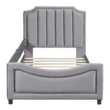 ZNTS Twin Size Upholstered Daybed with Classic Stripe Shaped Headboard, Gray WF308905AAE