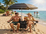 Portable Folding Picnic Chair Set with Umbrella, 2-Person Outdoor Camping Chairs Cup Holders, 65581763