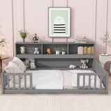 ZNTS Full Floor Bed with Side Bookcase,Shelves,Guardrails,Grey W504142774