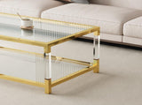 Modern Acrylic Leg Coffee Table, Double Layer Tempered Glass Top with Golden Metal Frame, W1727P194947