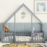 Twin Wood House-Shaped Floor Bed with Fence, Guardrails ,Grey W504P143289
