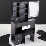 Small Size Left Drawer Desktop Vanity Table Cushioned Stool, Touch Control Sliding LED Mirror, W936P226035
