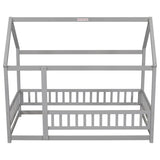 ZNTS Twin Size Floor Wooden Bed with House Roof Frame, Fence Guardrails,Grey 40028728