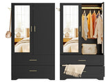 Black Wardrobe Closet with Mirror Door, 2 Doors & 2 Drawers Storage Cabinet with LED Sensor Light, 59491281