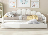 Full Size Upholstery Daybed Frame with Shall Shaped Backrest and Trundle,White 05415103