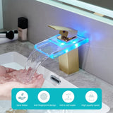 Bathroom Sink Faucet LED Light 3 Colors Changing Waterfall Glass Spout Hot Cold Water Mixer Single W1932P148106