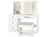 White Vanity Desk and Stool Set with Sliding Mirror & 3-Mode LED Light Strip, Anti-Toppling Dressing 57857902