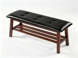 Dining Bench with Storage Shelf, Pine Wood Frame, Button Tufted Black PU Leather Seat, Walnut 01032856