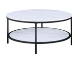 ZNTS 1pc Modern Round Faux Marble Coffee Table with Storage Shelf Black Finish Living Room Wooden B011P245863