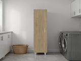Vernon Slim Storage Cabinet with 4-Tier Shelf and Broom Hangers, Natural Oak B097P474304