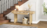 TREXM Narrow Console Table with Rattan Accent, Natural Wood Finish Entryway Table with Storage N715P223098M