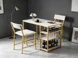 Bar Table and Stool Set 1 Table 2 Stools, White Marble Pattern MDF Tabletop & Gold Metal Frame, 19492848