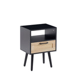 15.75" Rattan End table with drawer and solid wood legs, Modern nightstand, side table for living W126573107