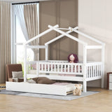 Twin Size Wooden House Bed with Twin Size Trundle, White WF302178AAK